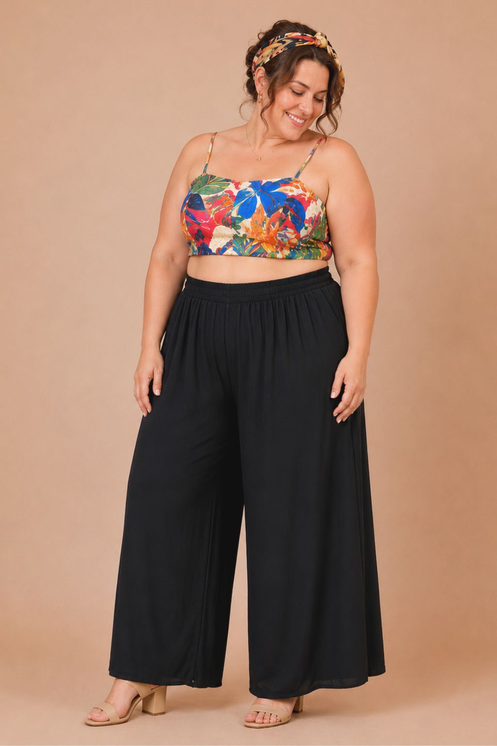Pantalon palazzo grande taille fluide taille élastiquée