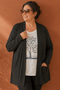 Gilet long grande taille noir ouvert avec poches