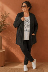 Gilet long grande taille noir ouvert avec poches