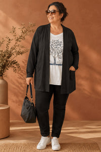 Gilet long grande taille noir ouvert avec poches