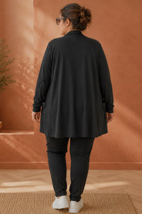Gilet long grande taille noir ouvert avec poches