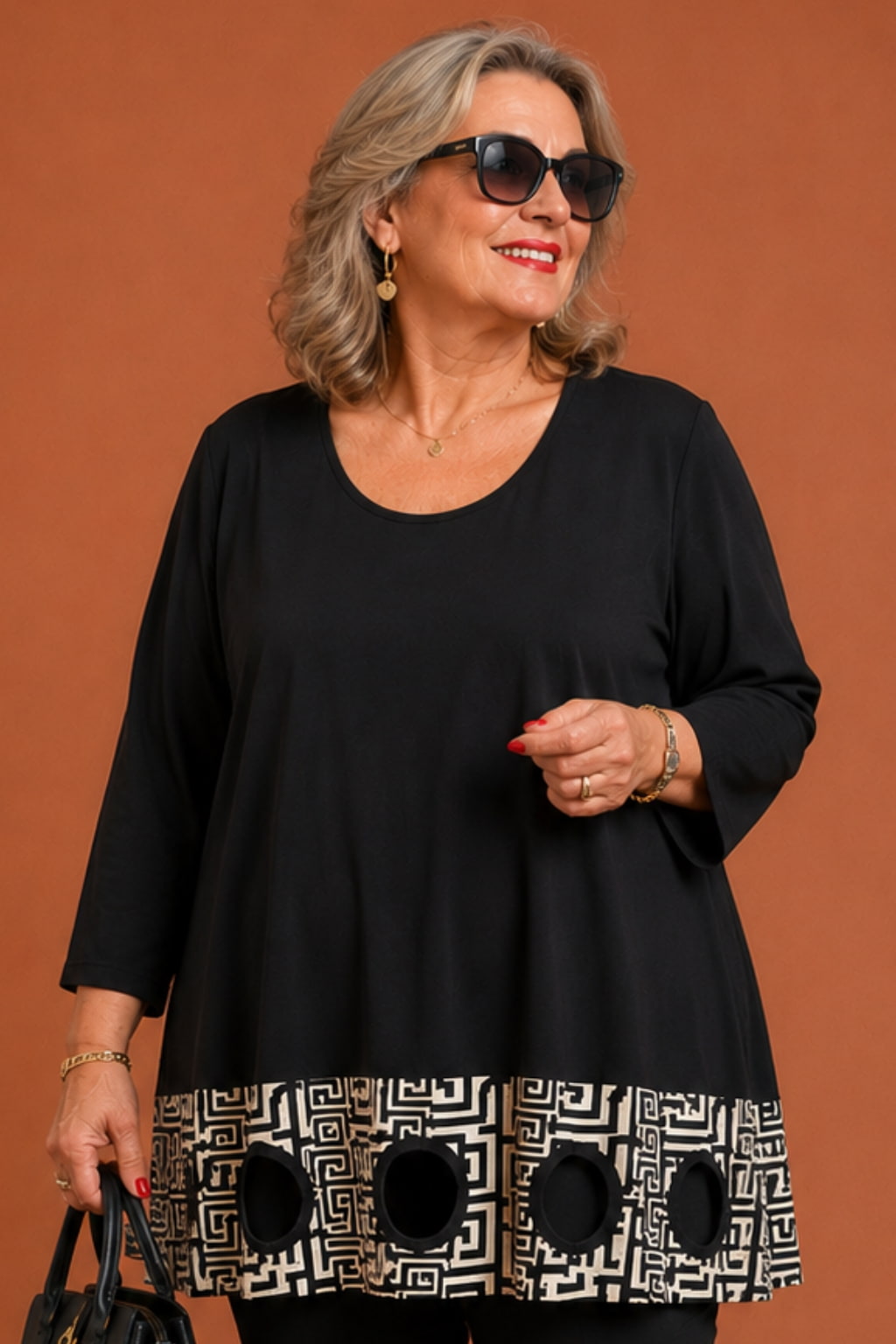 Tunique grande taille trapèze manches 3/4 bas imprimé