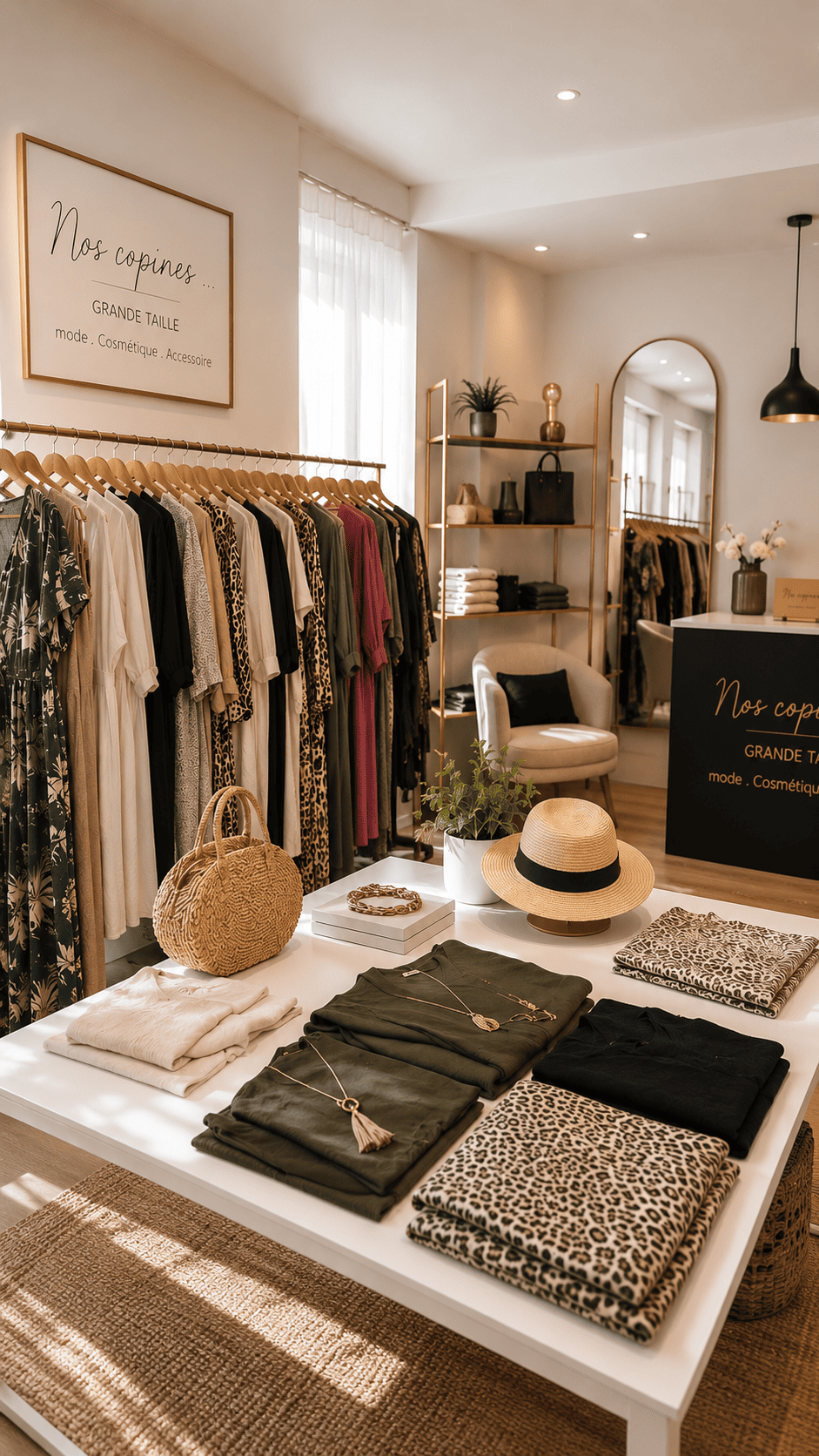 Devanture de la boutique Nos Copines à Maisons-Alfort, mode grande taille femme du 44 au 70+, avec vitrines de robes et salon de maquillage.