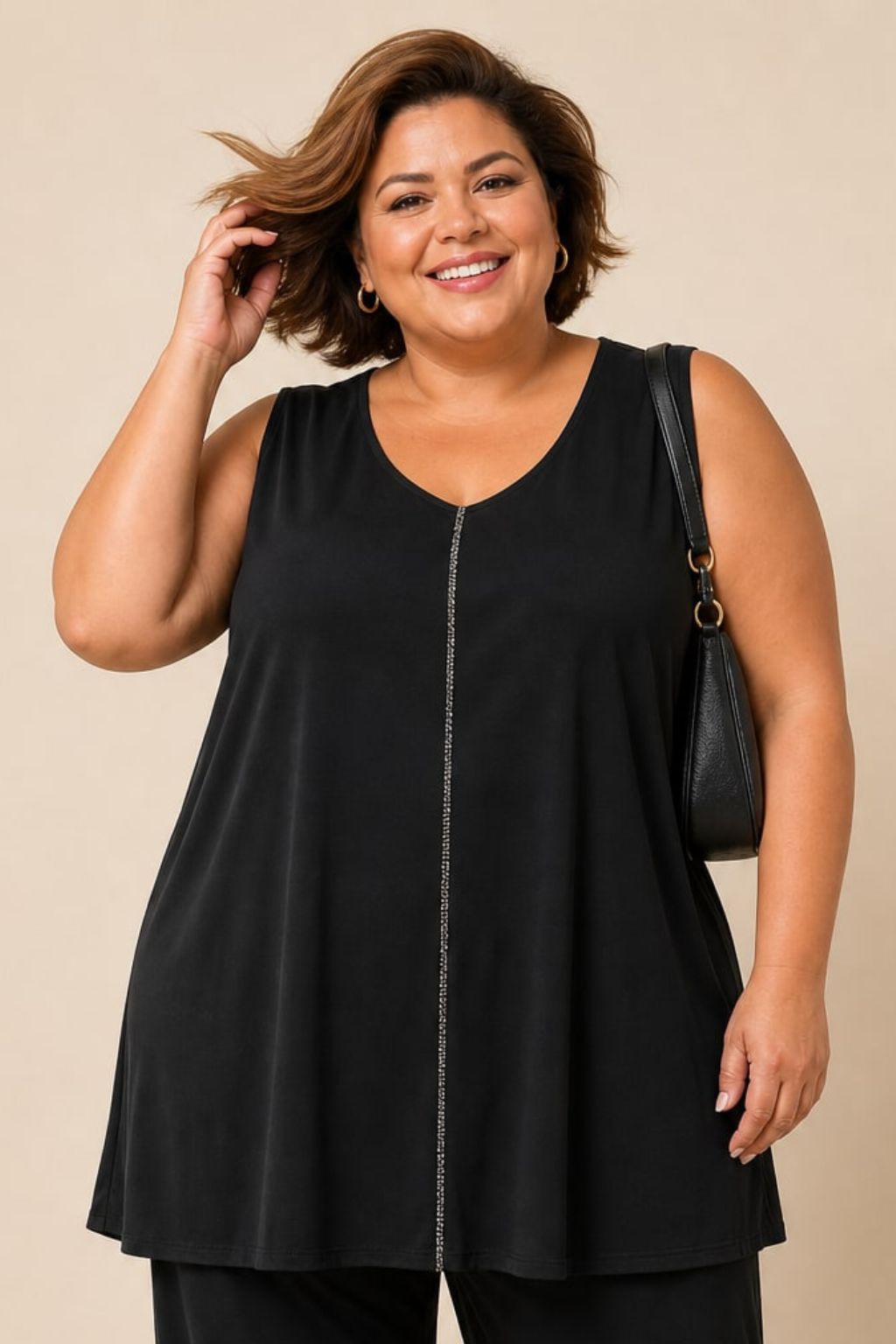 Débardeur tunique grande taille noir strass - face