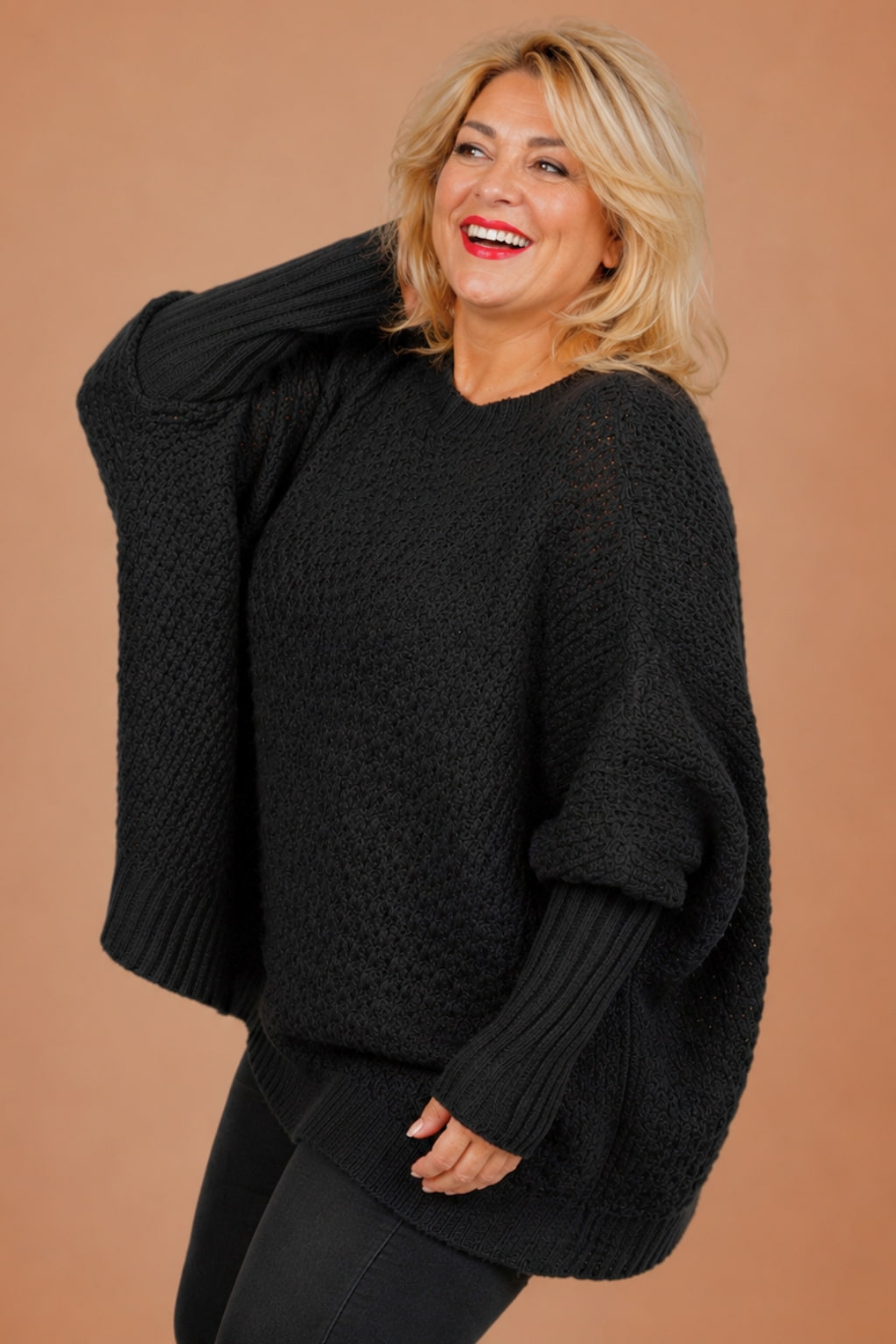 Pull grande taille noir en maille gaufrée, coupe oversize