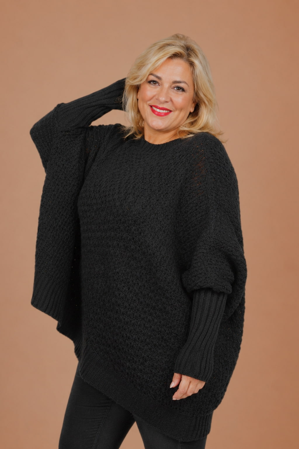 Pull grande taille noir en maille gaufrée, coupe oversize