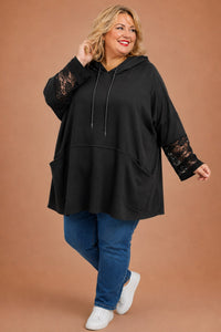 Sweat à capuche grande taille noir évasé, manches en dentelle