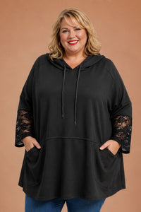 Sweat à capuche grande taille noir évasé, manches en dentelle