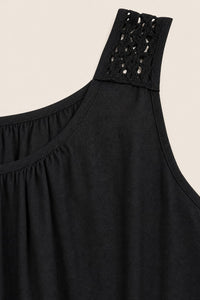 Débardeur grande taille coton-lin col rond froncé dos crochet ajouré rosace coupe droite
