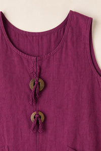 Robe grande taille droite sans manches en coton-lin col rond avec poches et boutons décoratifs