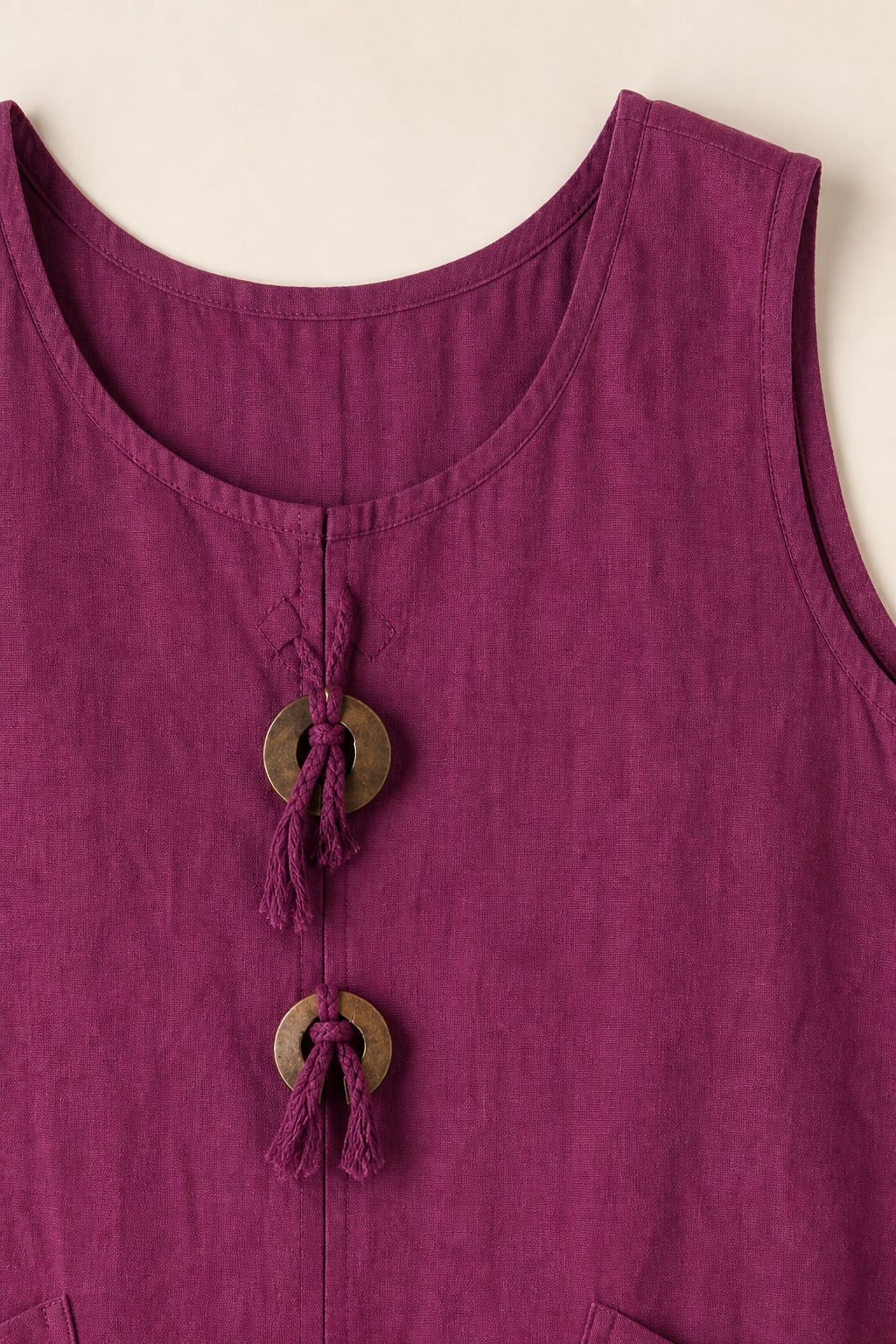 Robe grande taille droite sans manches en coton-lin col rond avec poches et boutons décoratifs