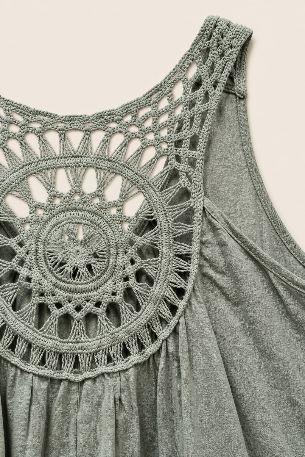 Débardeur grande taille coton-lin col rond froncé dos crochet ajouré coupe droite