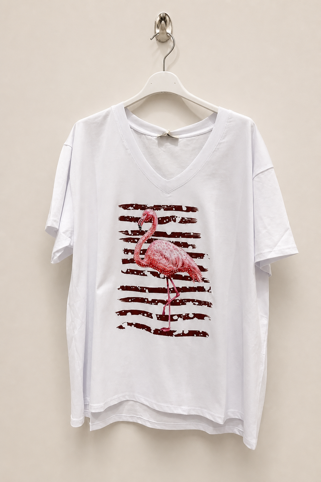 T-shirt grande taille col V imprimé flamant graphique manches courtes coupe droite