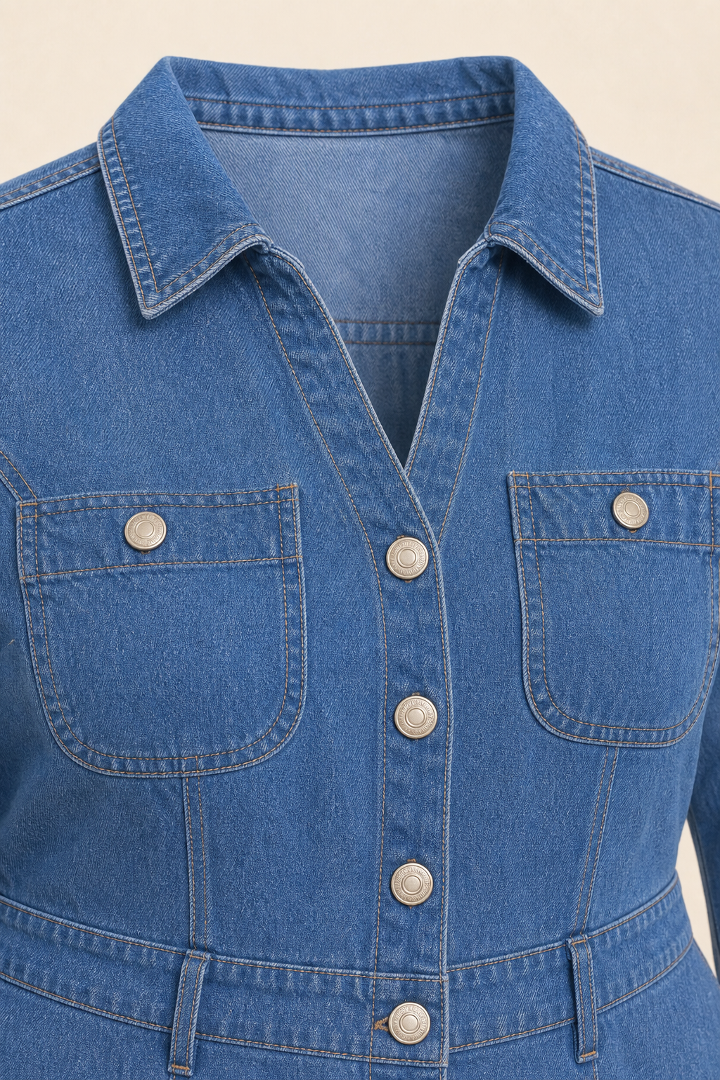 Robe longue grande taille en jean col V évasée, manches courtes et boutons, coupe maxi