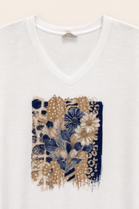 T-shirt grande taille col V imprimé fleuri graphique manches courtes coupe droite