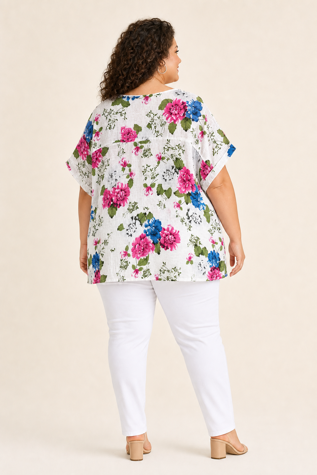 Tunique femme grande taille coton imprimé fleuri col rond coupe ample manches tombantes