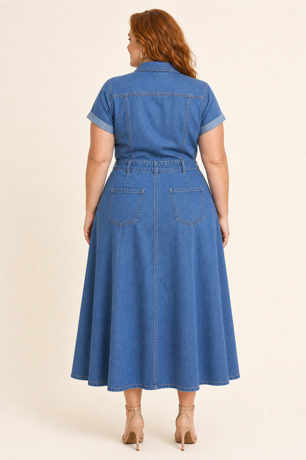 Robe longue grande taille en jean col V évasée, manches courtes et boutons, coupe maxi