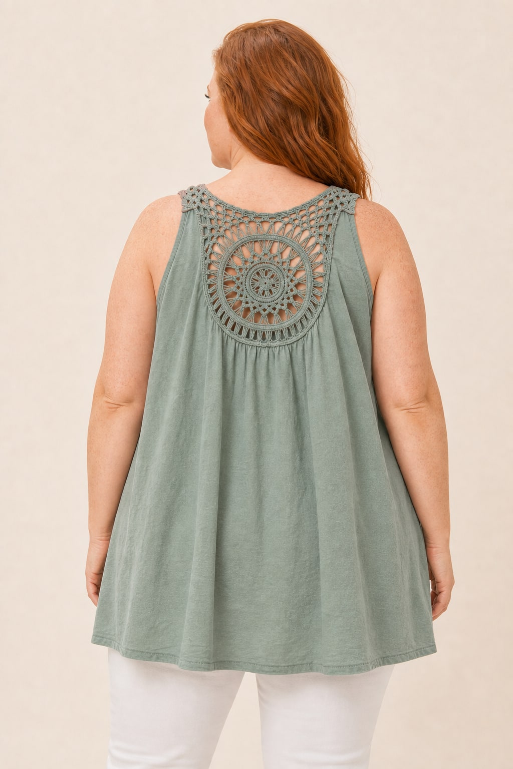 Débardeur grande taille coton-lin col rond dos crochet ajouré coupe droite