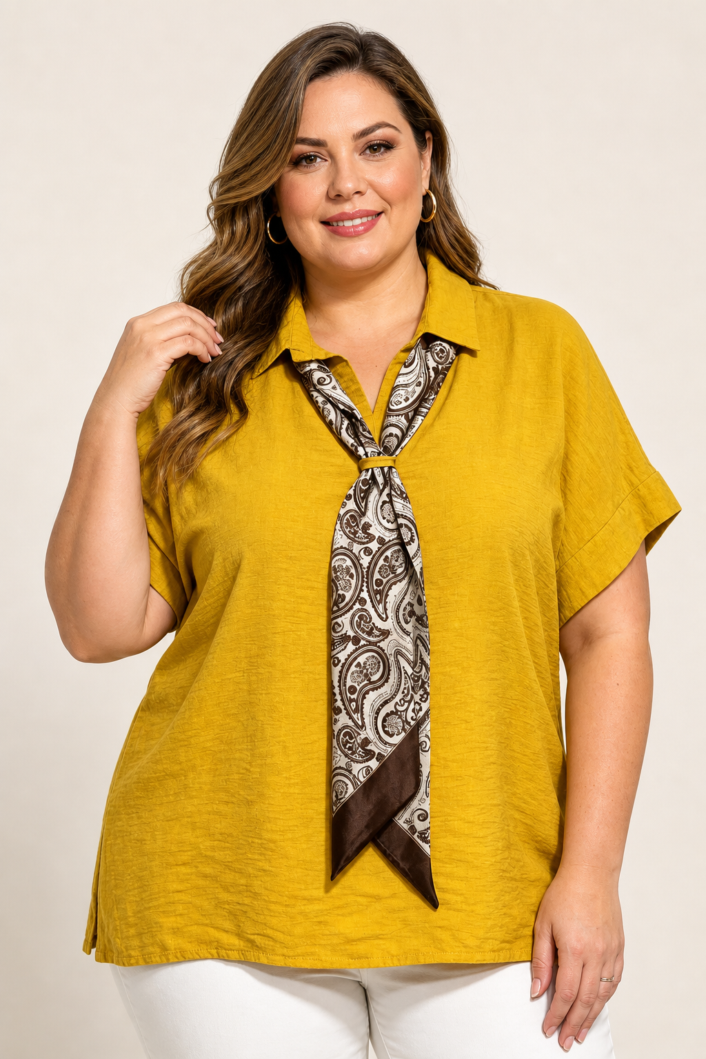Tunique femme grande taille viscose col chemisier avec cravate en satin manches courtes Image