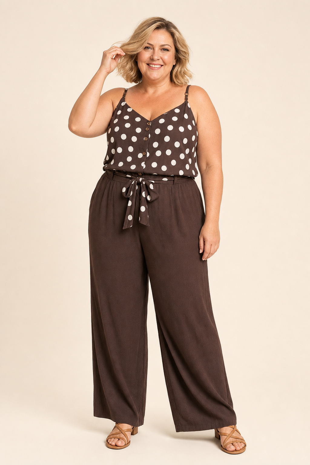 Top femme grande taille col V imprimé à bretelles réglables et boutons décoratifs Image