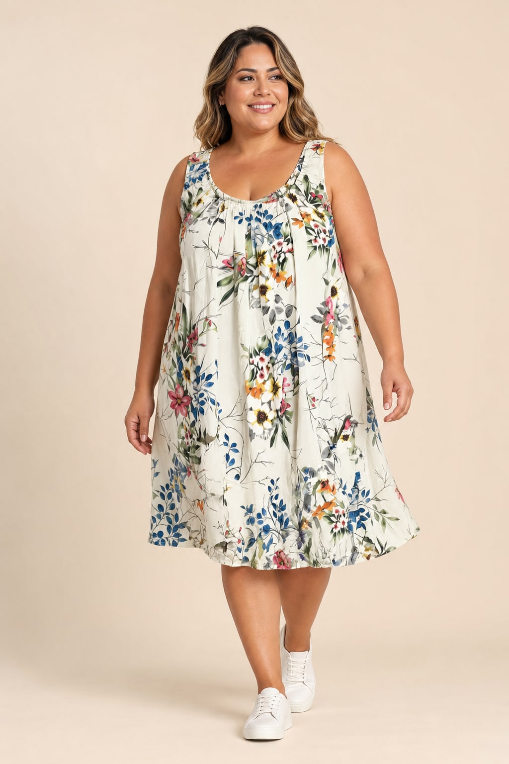 Robe grande taille en coton bretelles larges coupe ballon avec poches devant Image