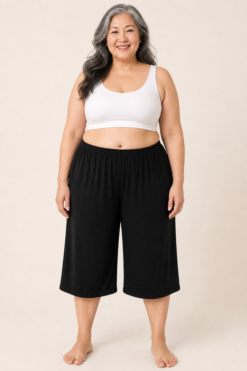 Pantacourt grande taille fluide viscose élasthanne coupe droite longueur 73 cm Image