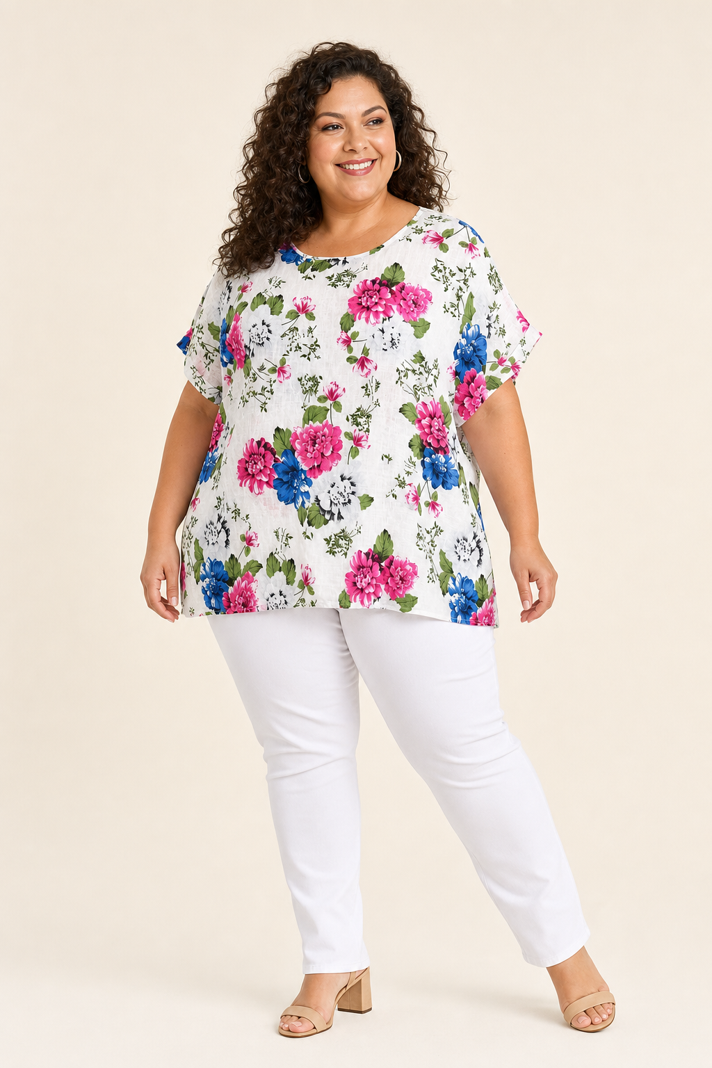 Tunique femme grande taille coton imprimé fleuri col rond coupe ample manches tombantes Image