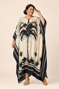 Robe grande taille caftan longue imprimé tropical coupe ample manches chauve-souris encolure ronde