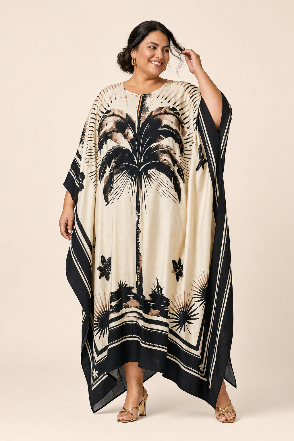Robe grande taille caftan longue imprimé tropical coupe ample manches chauve-souris encolure ronde Image