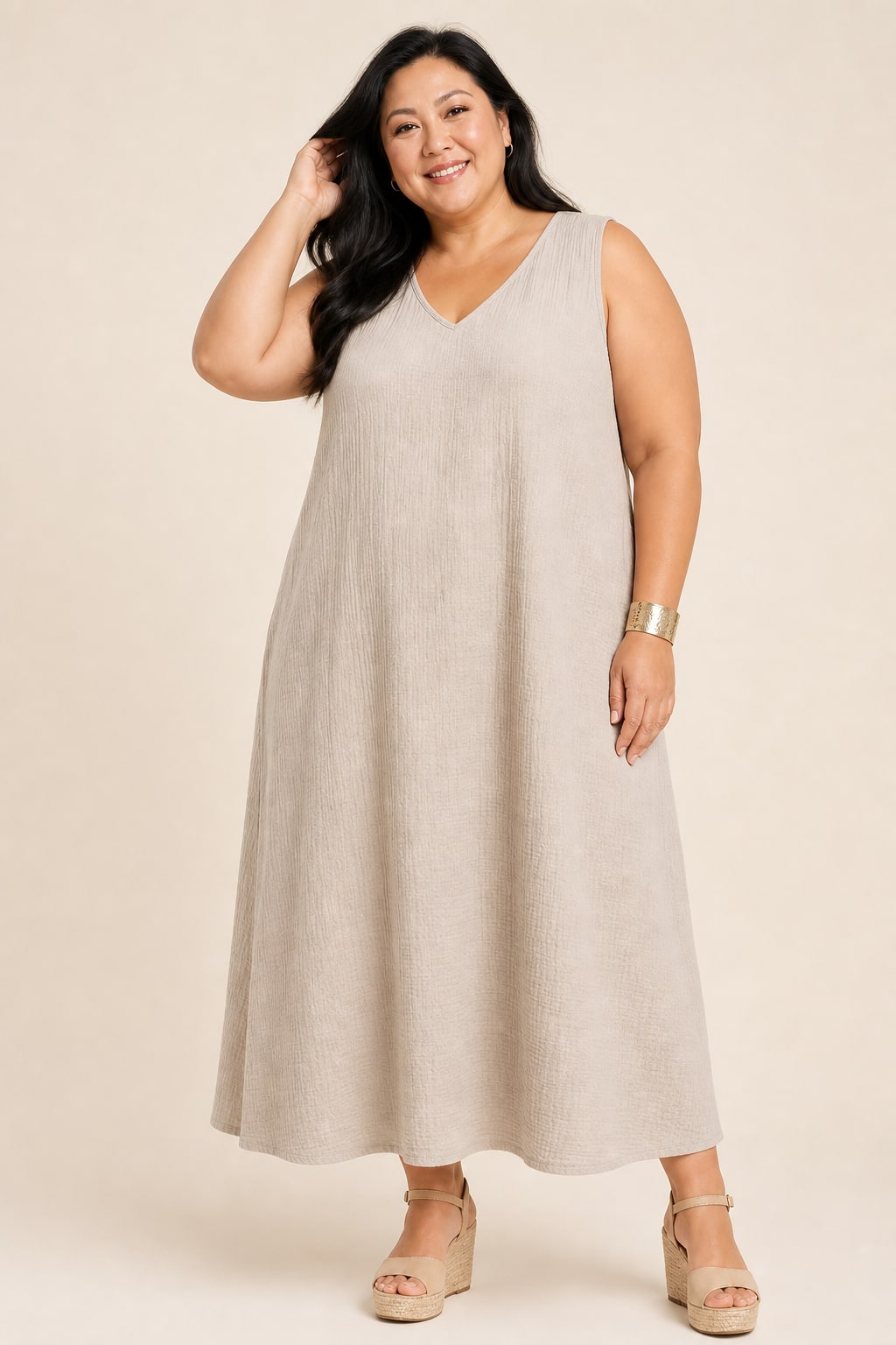 Robe grande taille midi sans manches en double gaze de coton coupe décontractée