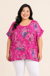 Tunique femme grande taille coton imprimé fleuri col rond coupe ample manches tombantes