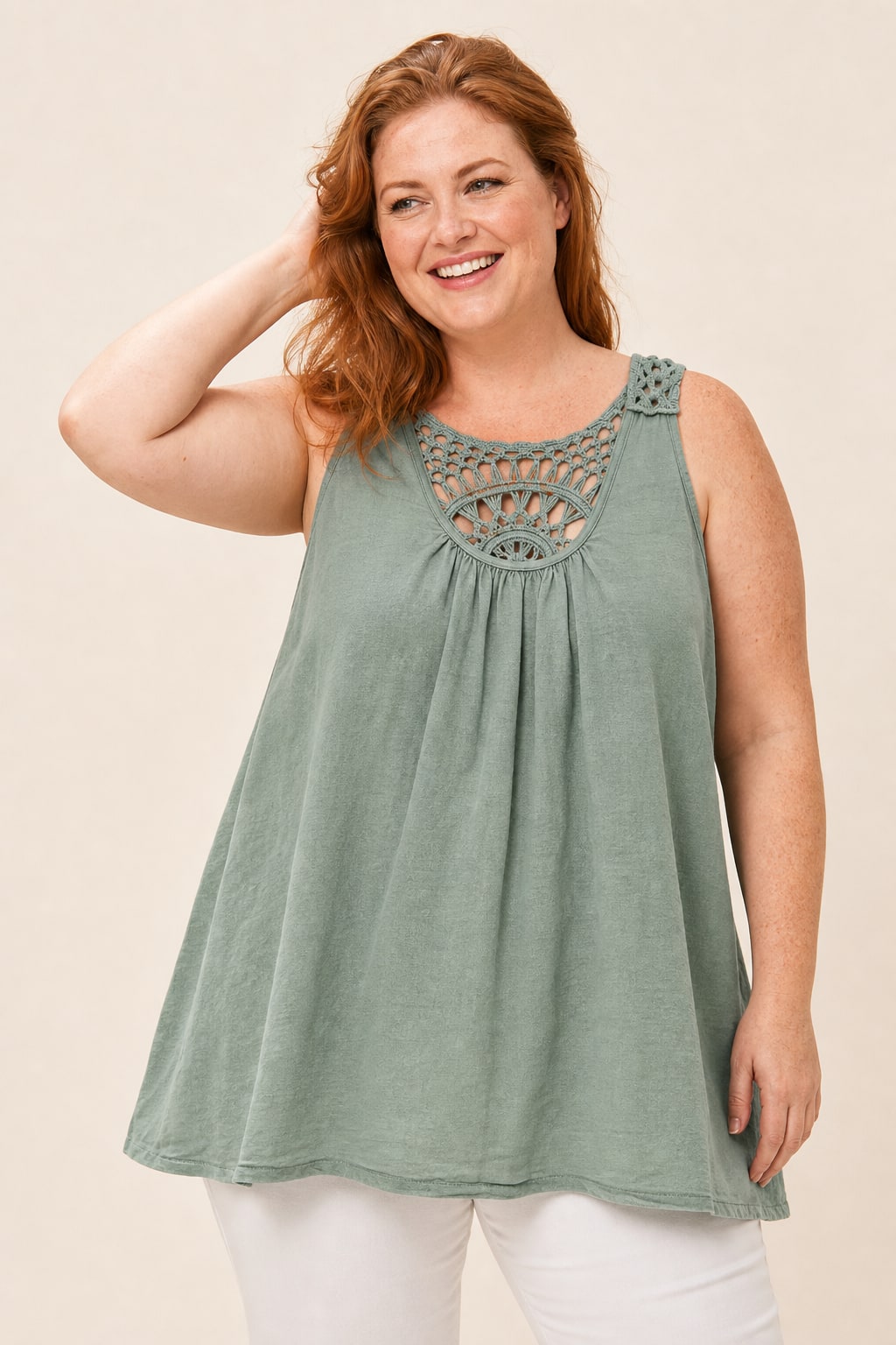 Débardeur grande taille coton-lin col rond dos crochet ajouré coupe droite