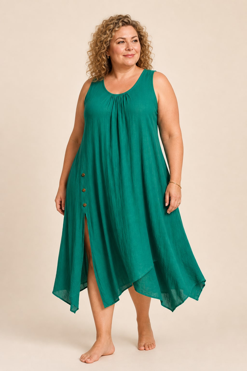 Robe grande taille longue évasée sans manches encolure ronde froncée boutons décoratifs ourlet asymétrique Image
