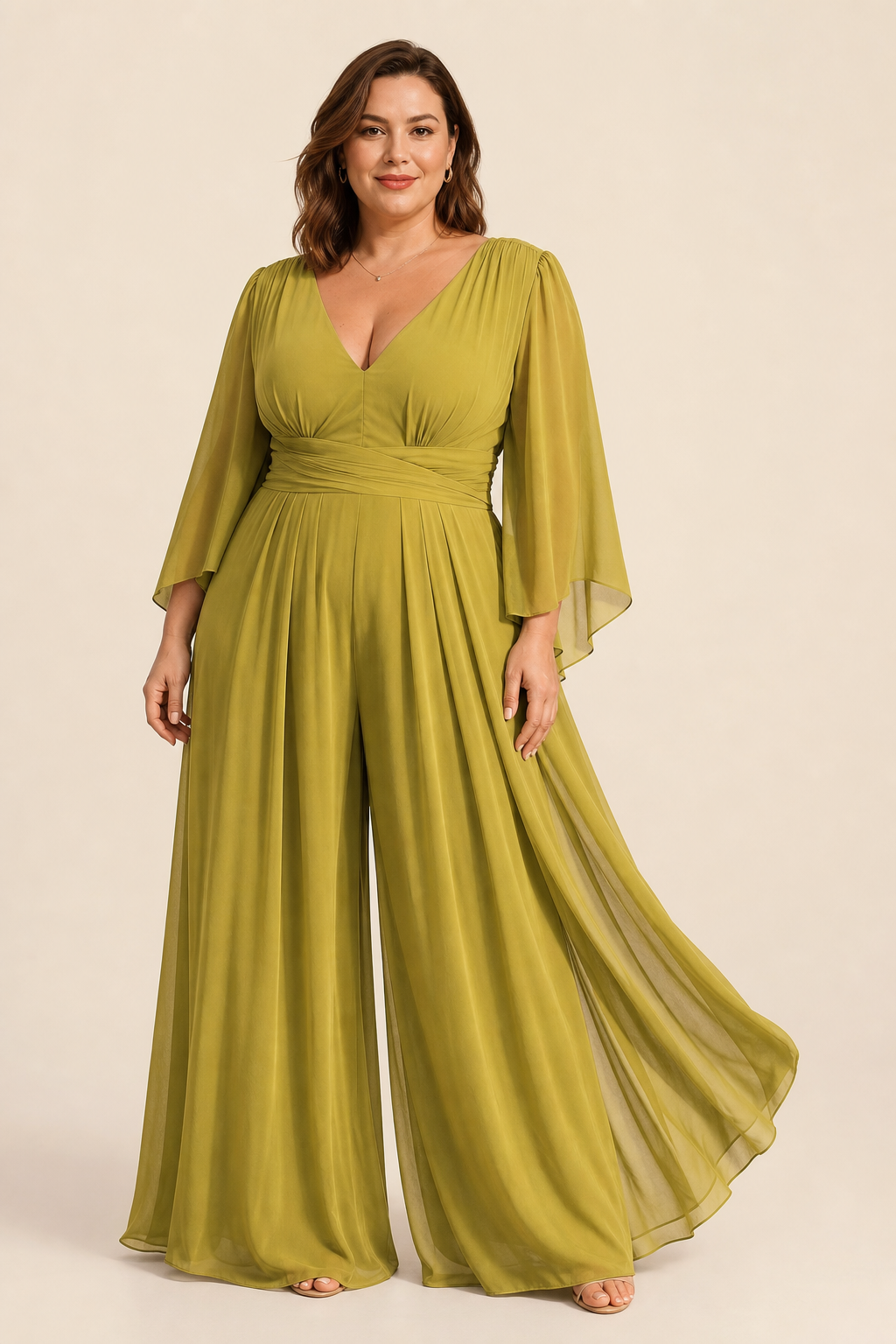 Combinaison robe grande taille col V fluide drapée jambes longues coupe ample Image