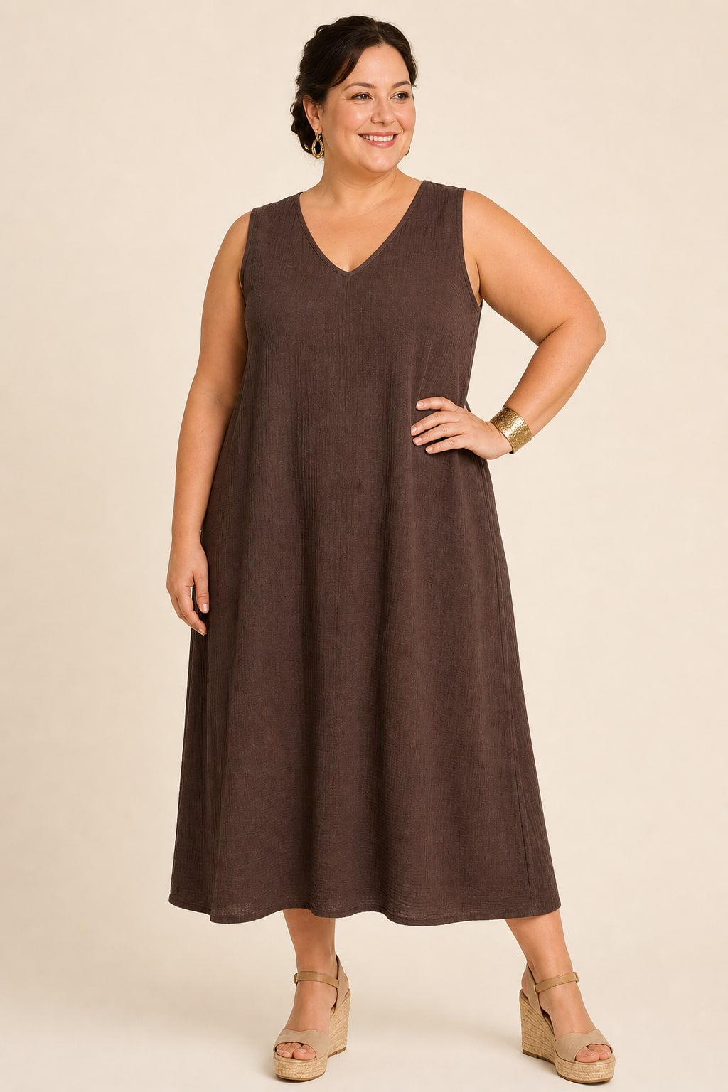 Robe grande taille midi sans manches en double gaze de coton coupe décontractée