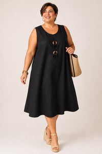 Robe grande taille droite sans manches col rond coton-lin poches plaquées boutons bois