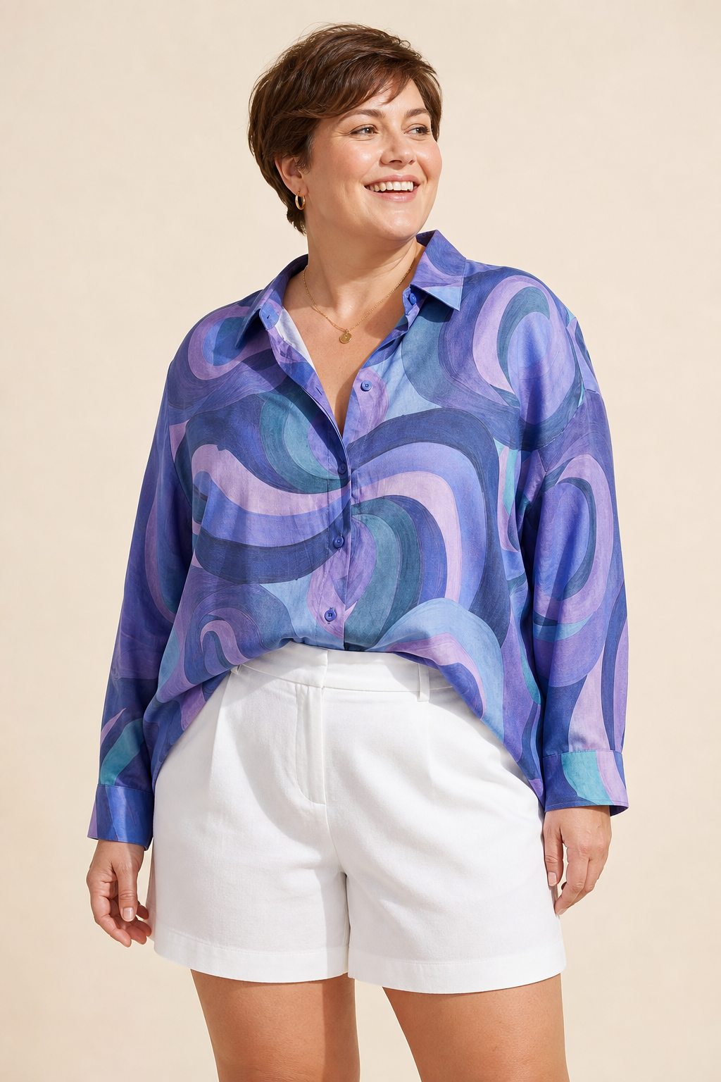 Chemise oversize grande taille col chemise imprimé graphique manches longues coupe ample Image