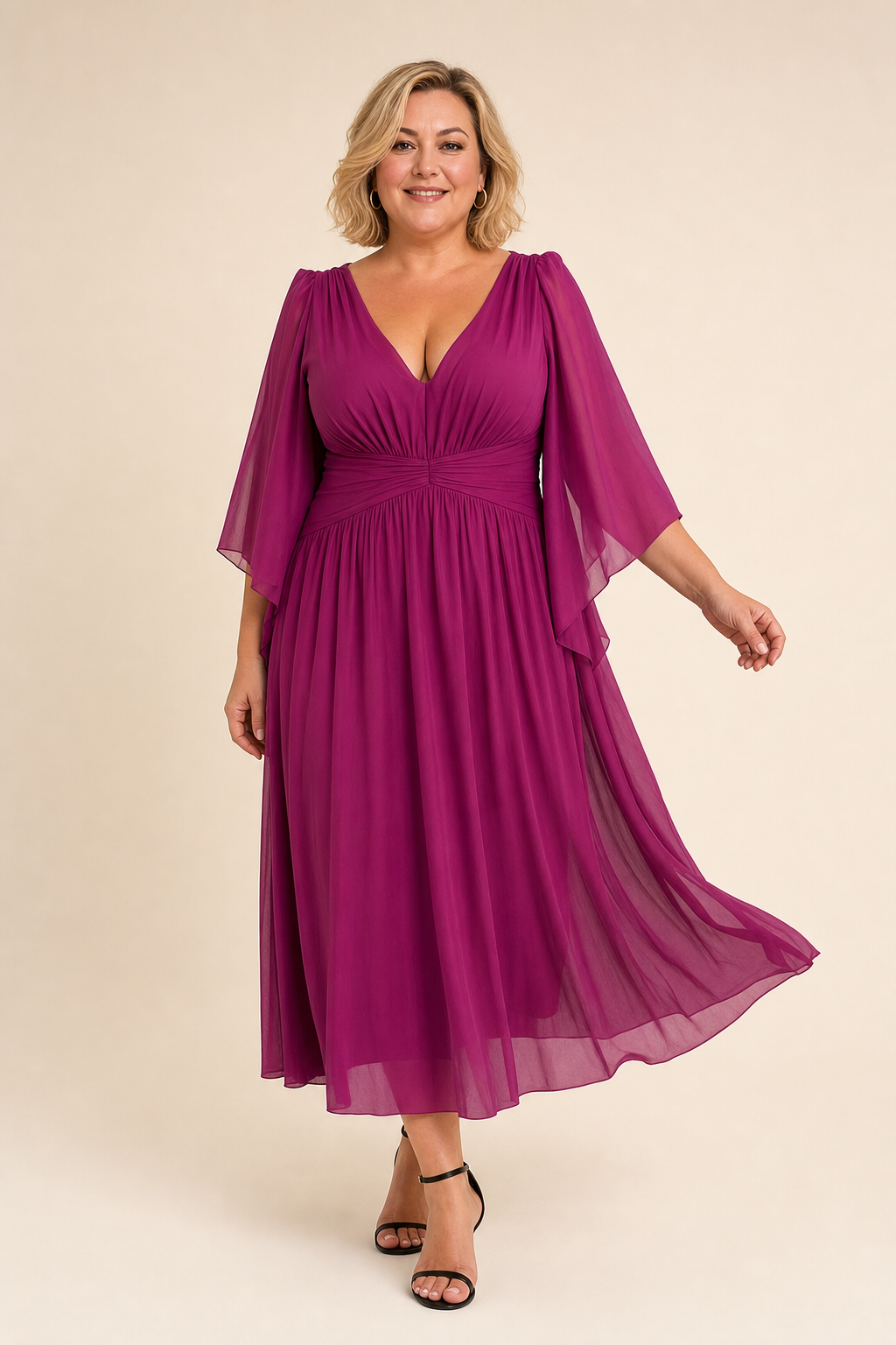 Robe longue grande taille évasée à jupe plissée doublée et manches longues, coupe fluide élégante Image