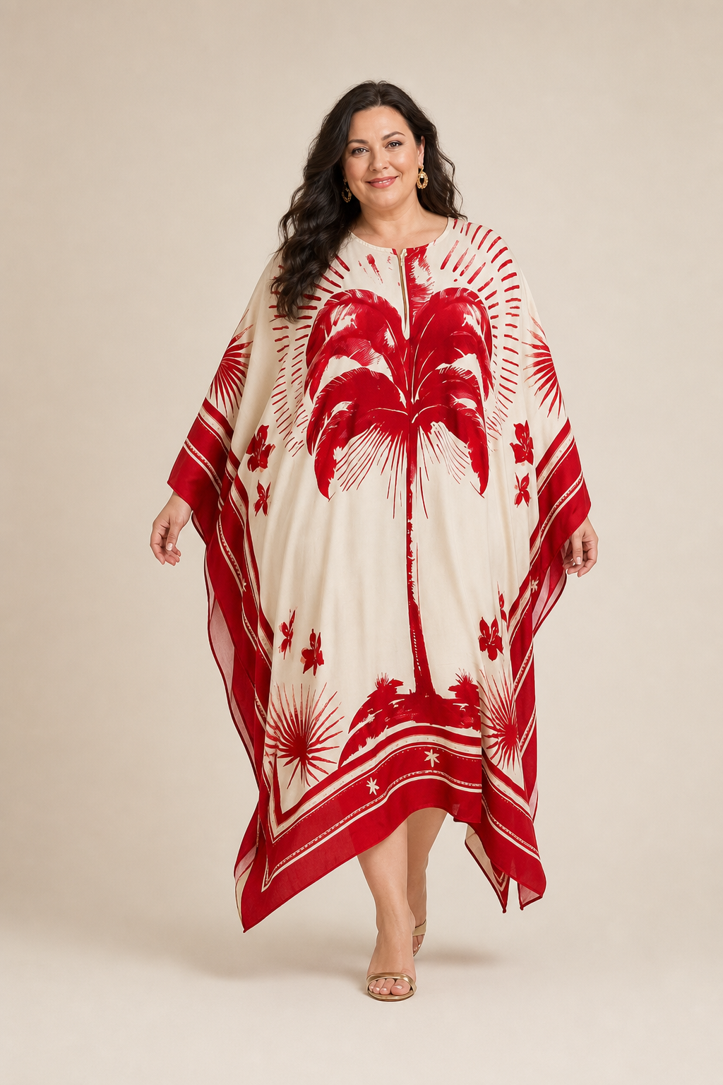 Robe grande taille caftan longue imprimé tropical coupe ample manches chauve-souris encolure ronde