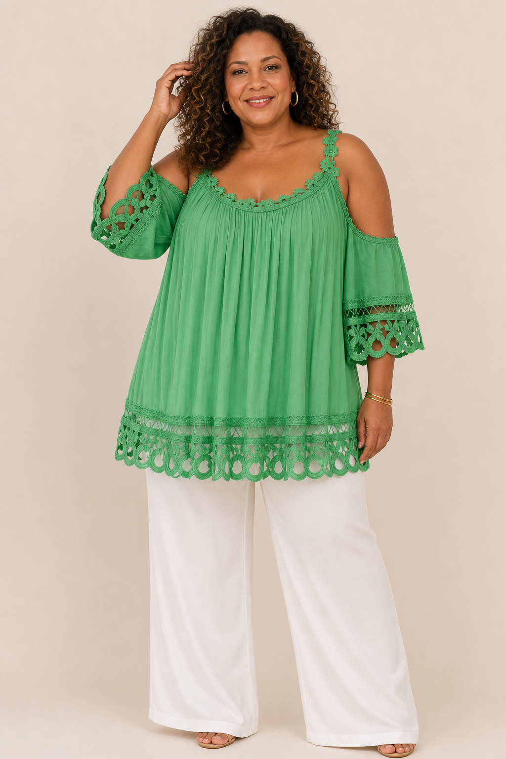 Top femme grande taille épaules dénudées coupe ample viscose bordure crochet festonnée Image
