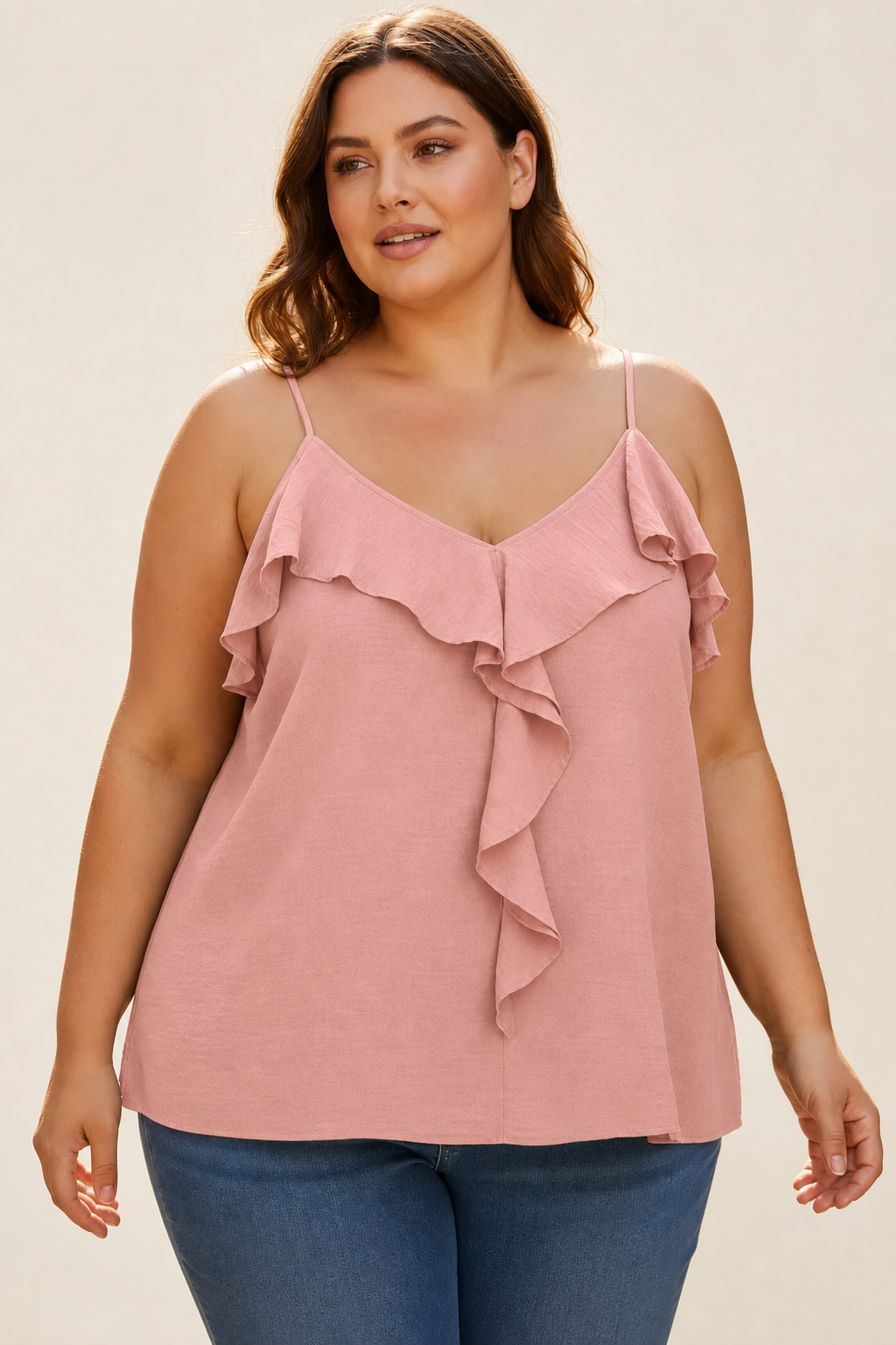 Top femme grande taille bretelles fines encolure en V volant cascade coupe ample