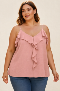 Top femme grande taille bretelles fines encolure en V volant cascade coupe ample