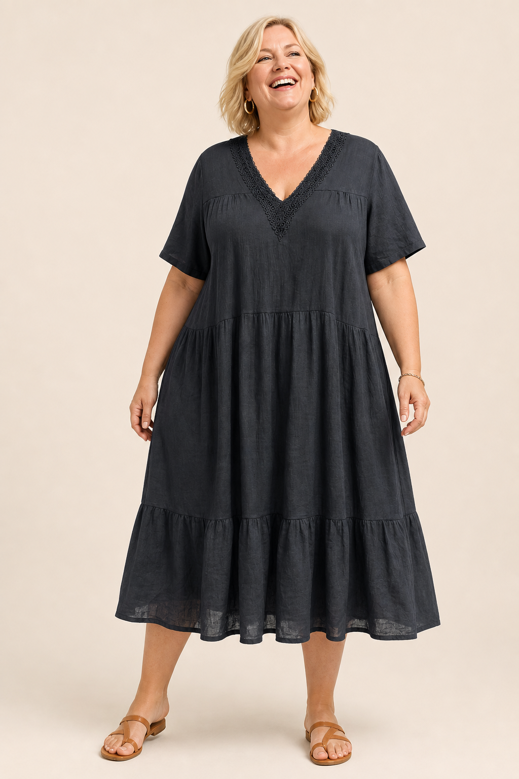 Robe longue grande taille col V dentelle coupe évasée manches courtes tissu fluide Image