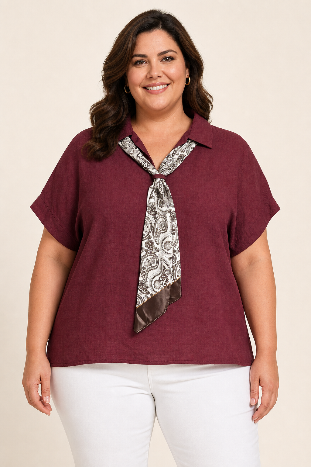Tunique femme grande taille viscose col chemisier cravate satin coupe ample Image