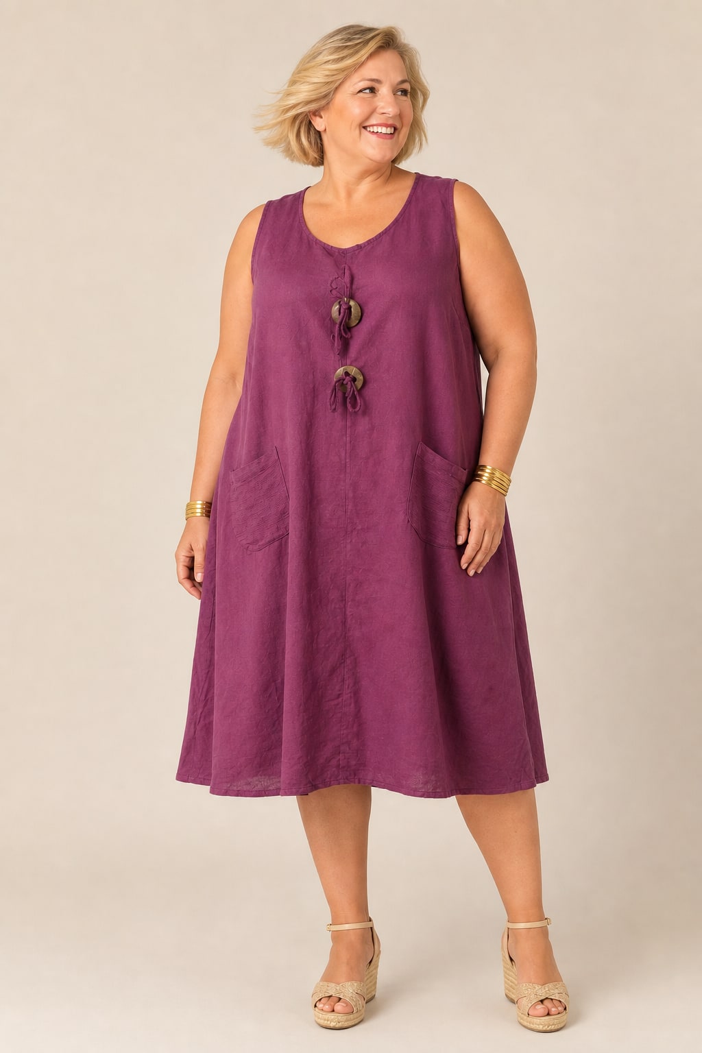 Robe grande taille droite sans manches en coton-lin col rond avec poches et boutons décoratifs