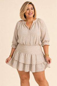 Combishort grande taille col cache-cœur broderie anglaise manches courtes retroussées coton