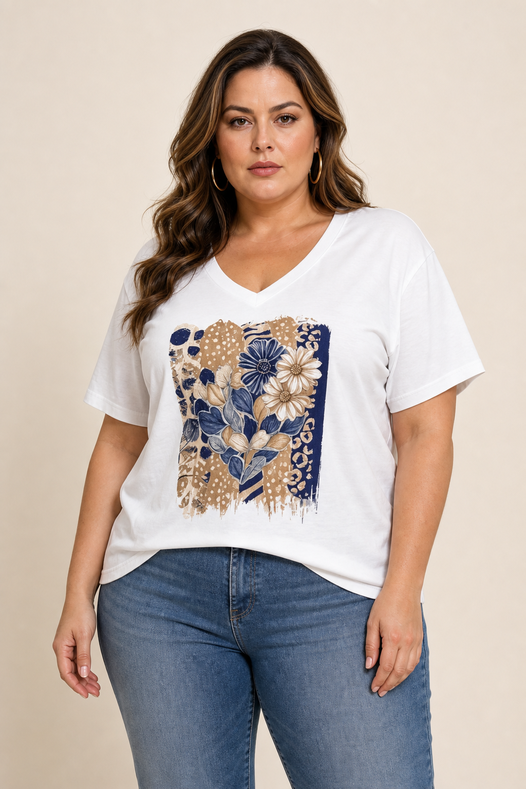 T-shirt grande taille col V imprimé fleuri graphique manches courtes coupe droite Image