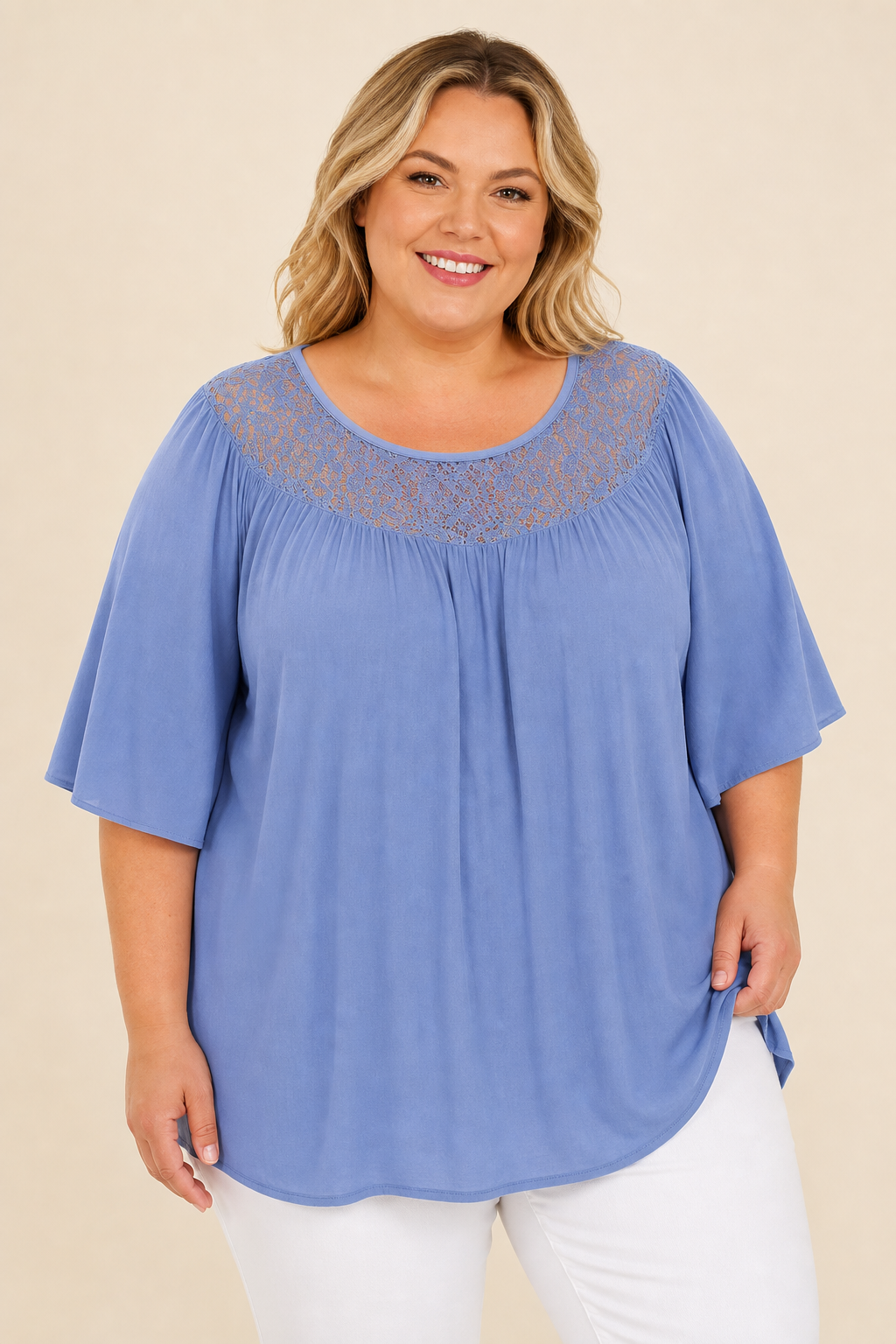 Tunique femme grande taille en viscose col dentelle ajourée coupe décontractée Image
