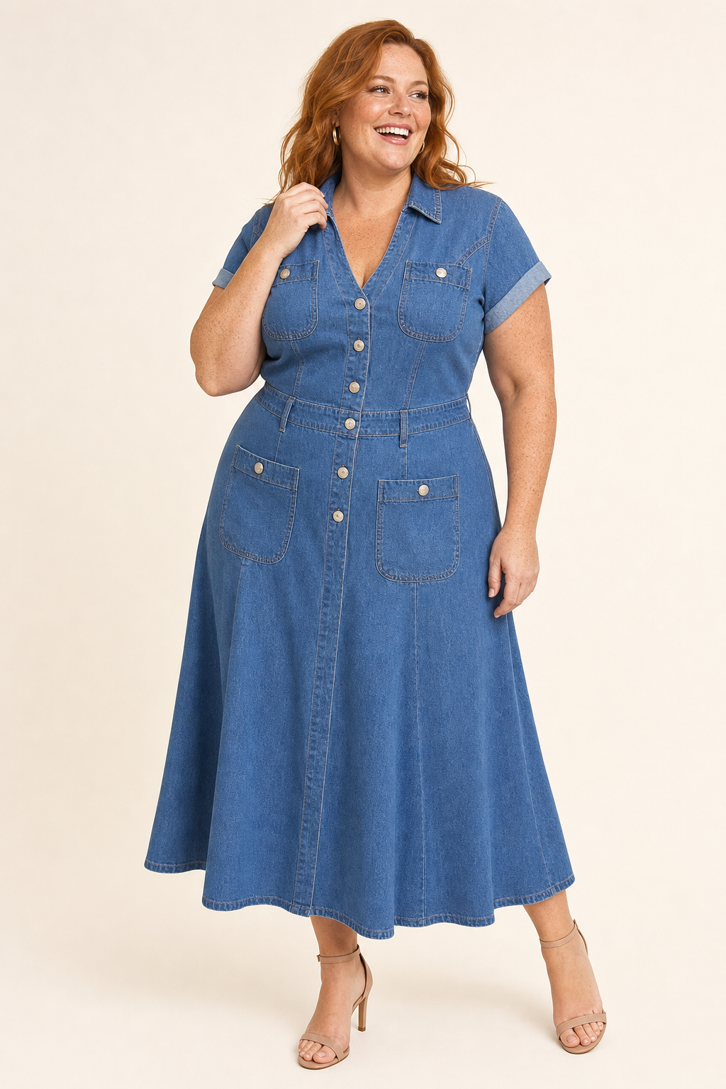 Robe longue grande taille en jean col V évasée, manches courtes et boutons, coupe maxi Image