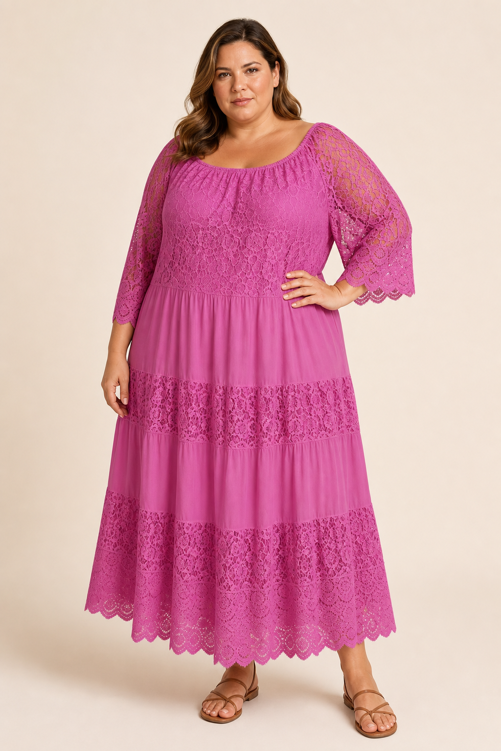 Robe grande taille bohème longue dentelle manches volantées encolure dégagée coupe évasée Image
